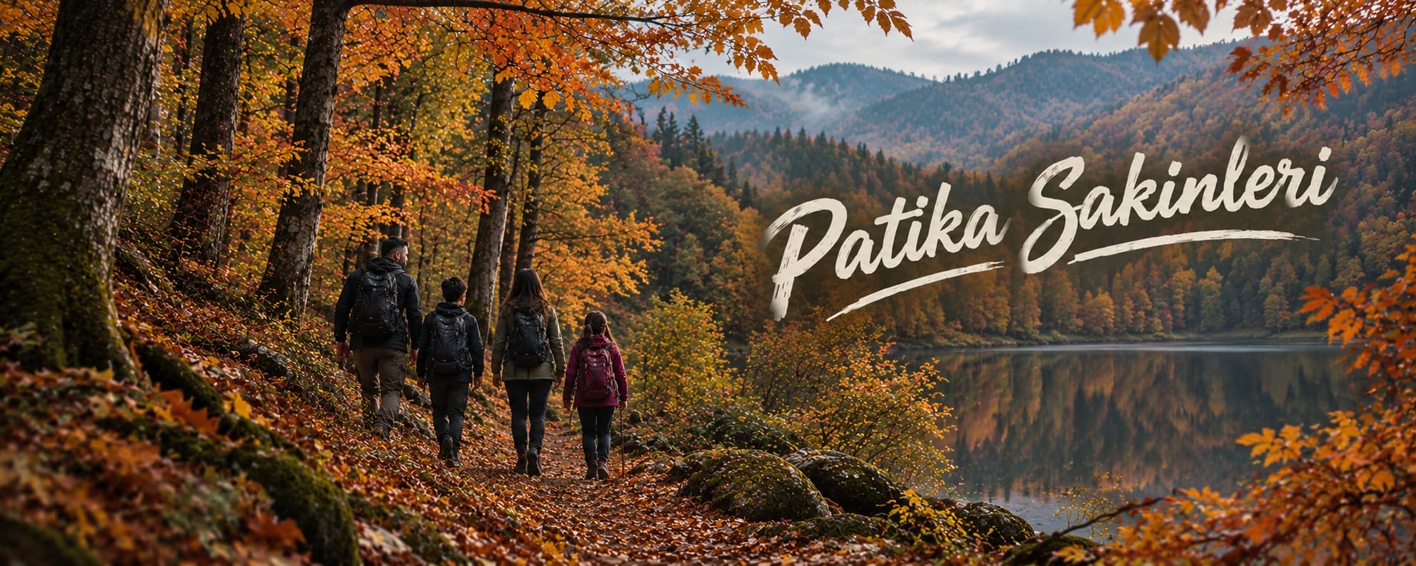 Sonbahar ormanında göl kenarındaki patikada yürüyen bir aile